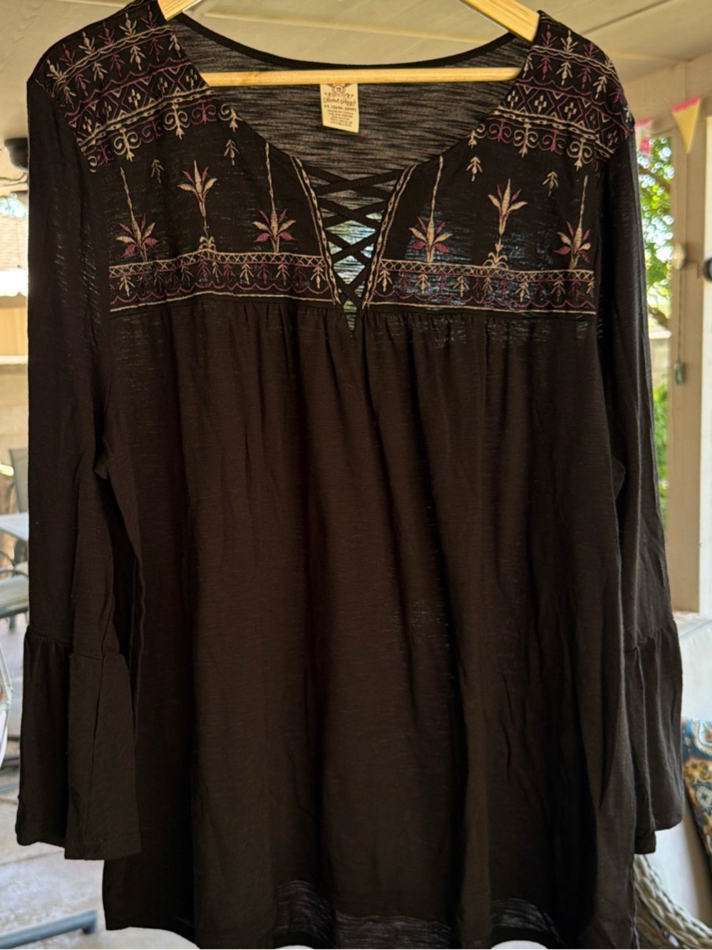 Faded Glory Boho Embroidered Black Women's Peasant Top